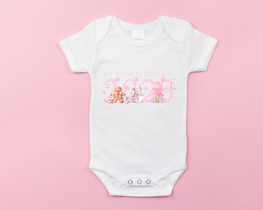 Personalised “My First Christmas 2025” Baby Grow – Pink Festive Design