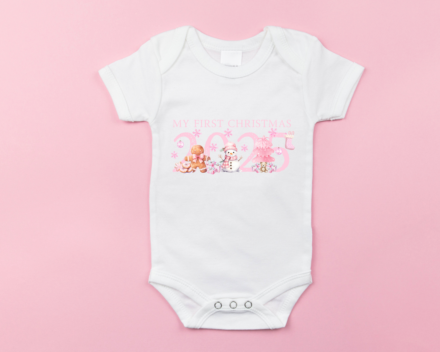 Personalised “My First Christmas 2025” Baby Grow – Pink Festive Design