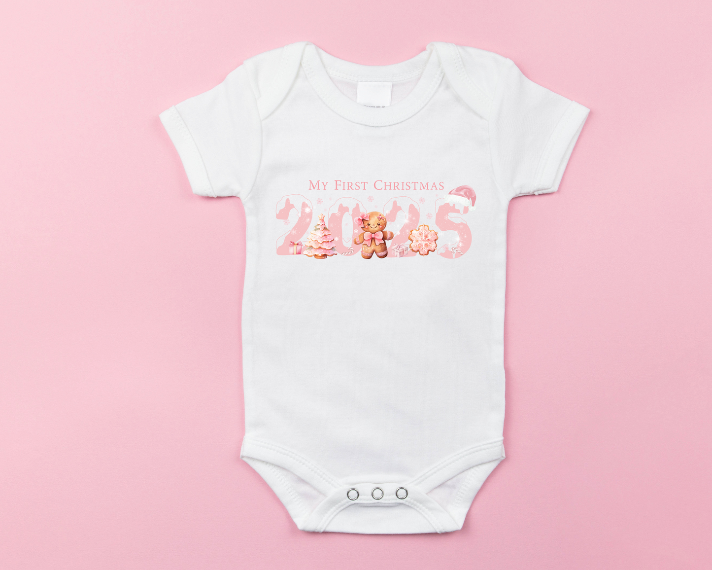 Personalised “My First Christmas 2025” Baby Grow – Pink Festive Design