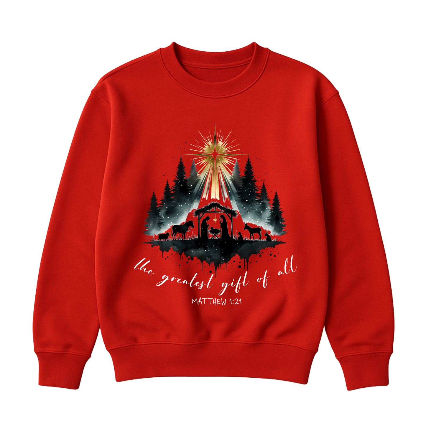 The Greatest Gift of All – Red Nativity Christmas Jumper with Matthew 1:21 Bible Verse