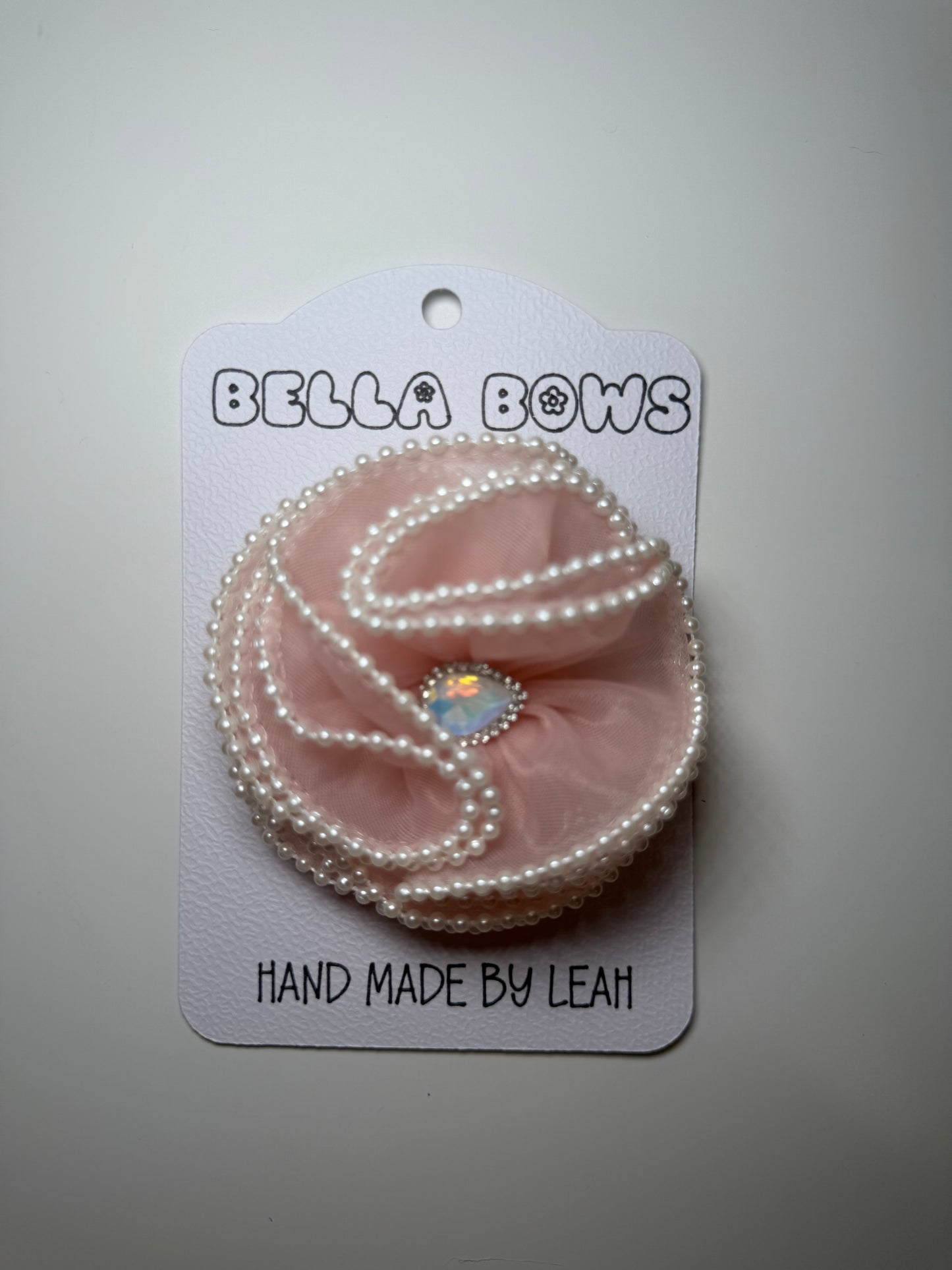 Blush Pink Pearl Embellished Hair Bow | Handmade Girls Hair Accessories UK | Toddler & Party Bow with Gem Centre