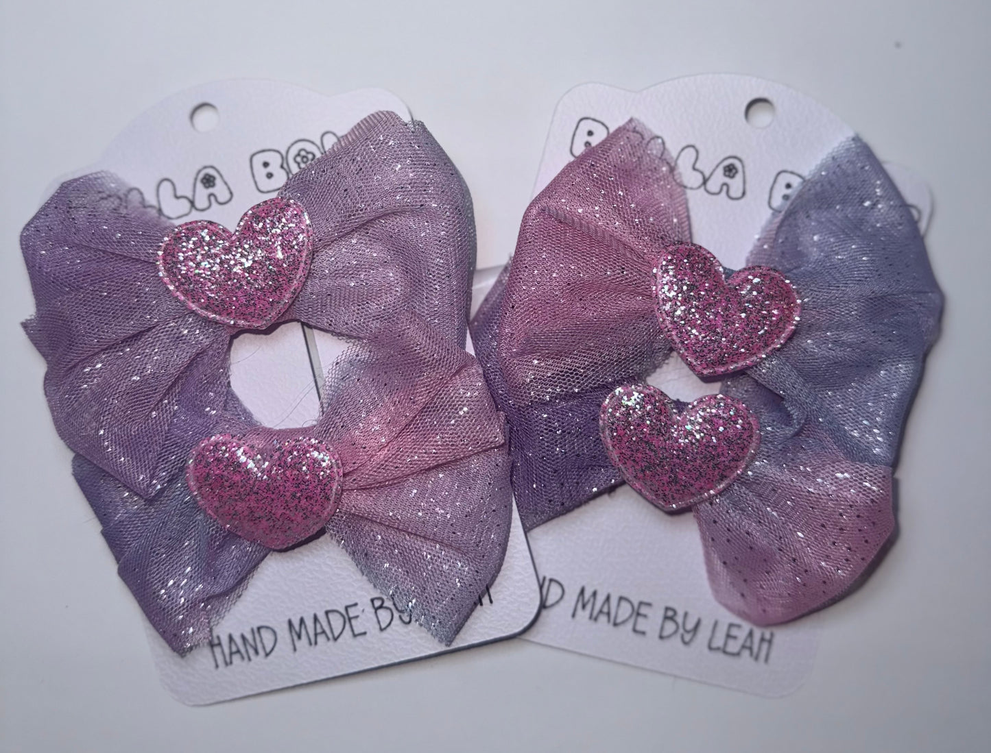 Purple Glitter Hair Bows with Sparkly Hearts | Handmade Girls Hair Accessories UK | 4 Sizes | Pink, Purple & Silver Hearts