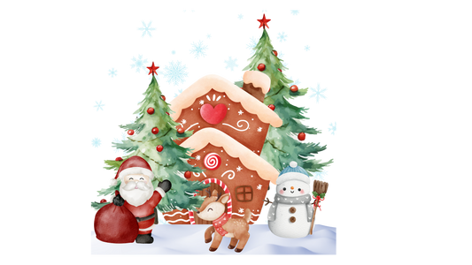 Christmas Scene Illustration – Santa, Reindeer & Gingerbread House PNG