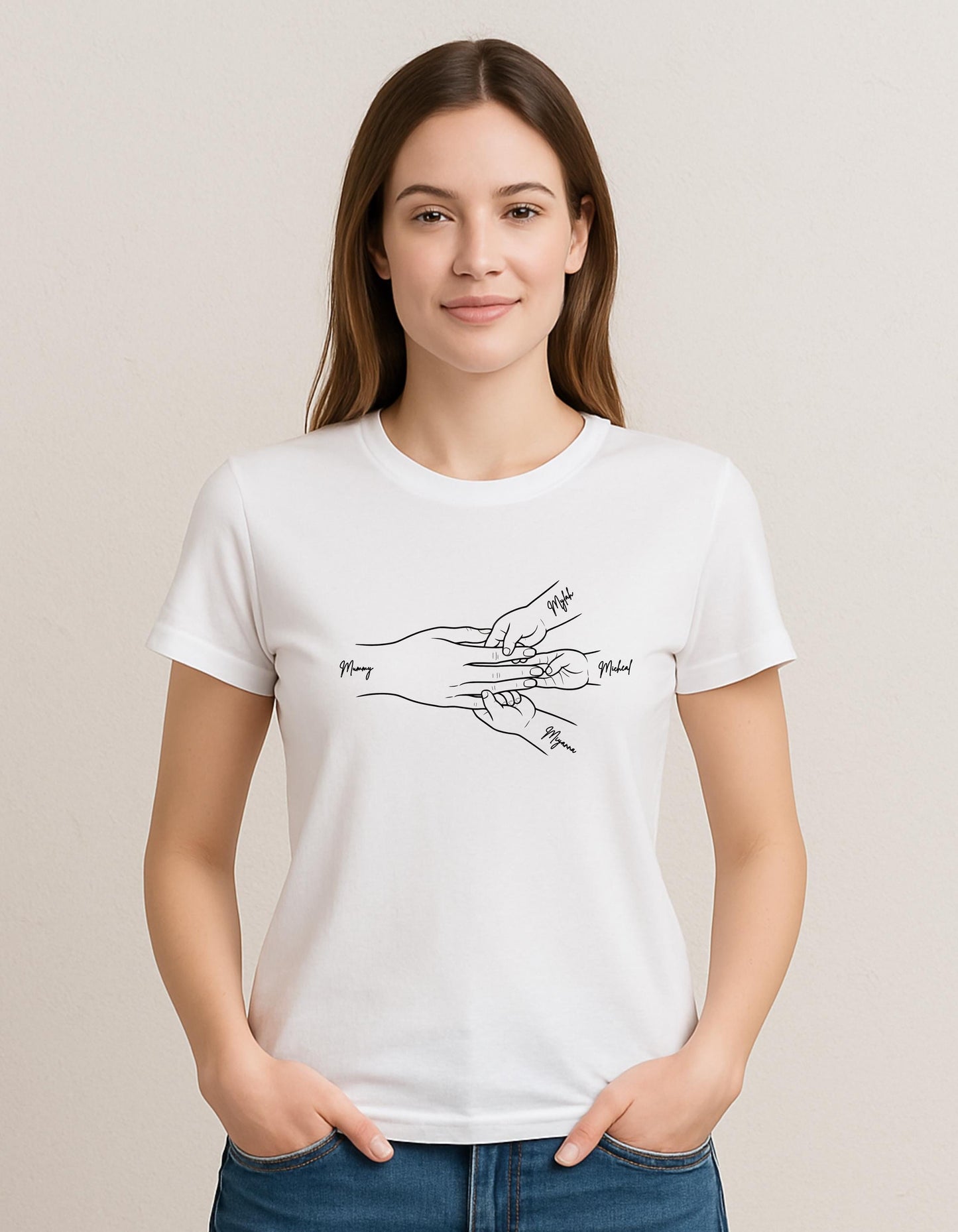 Personalised Mummy Handprint T-Shirt – Custom Family Hands Tee | Mother's Day Gift | Mum of 1–4 Kids | Custom Names | Matching Family Shirt