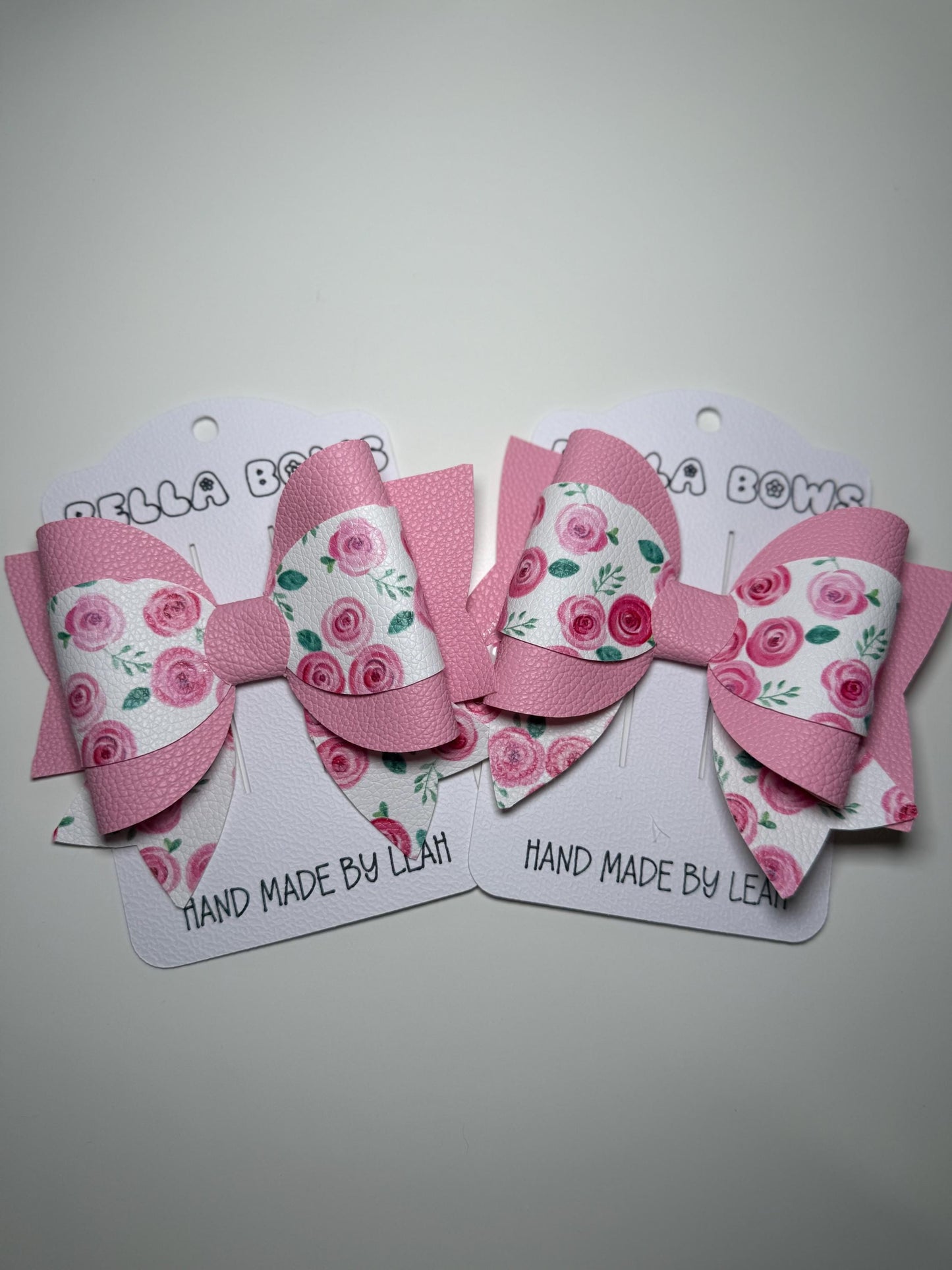 Pink Rose Floral Hair Bow: Faux Leather Girls Hair Clip, Handmade in UK