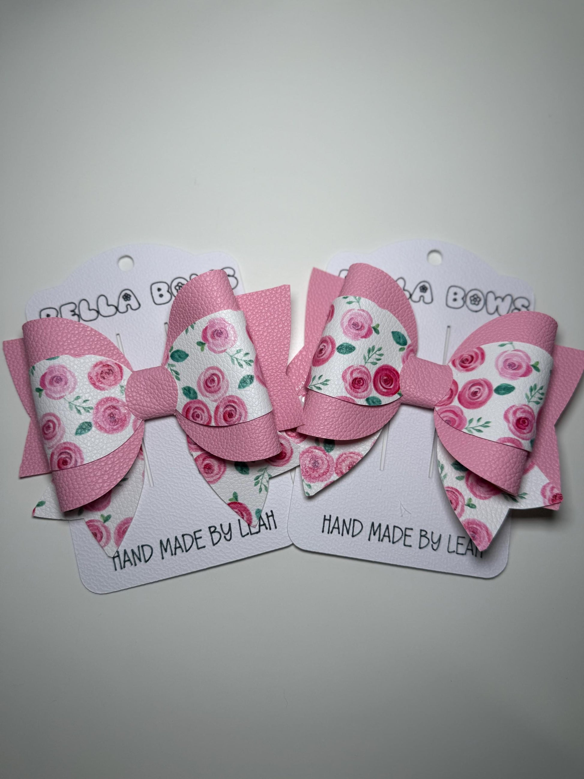 Pink Rose Floral Hair Bow: Faux Leather Girls Hair Clip, Handmade in UK