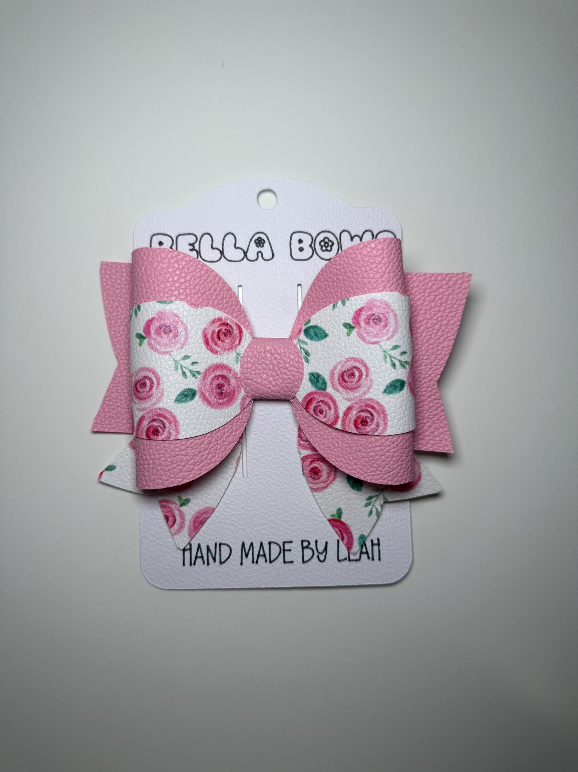 Pink Rose Floral Hair Bow: Faux Leather Girls Hair Clip, Handmade in UK