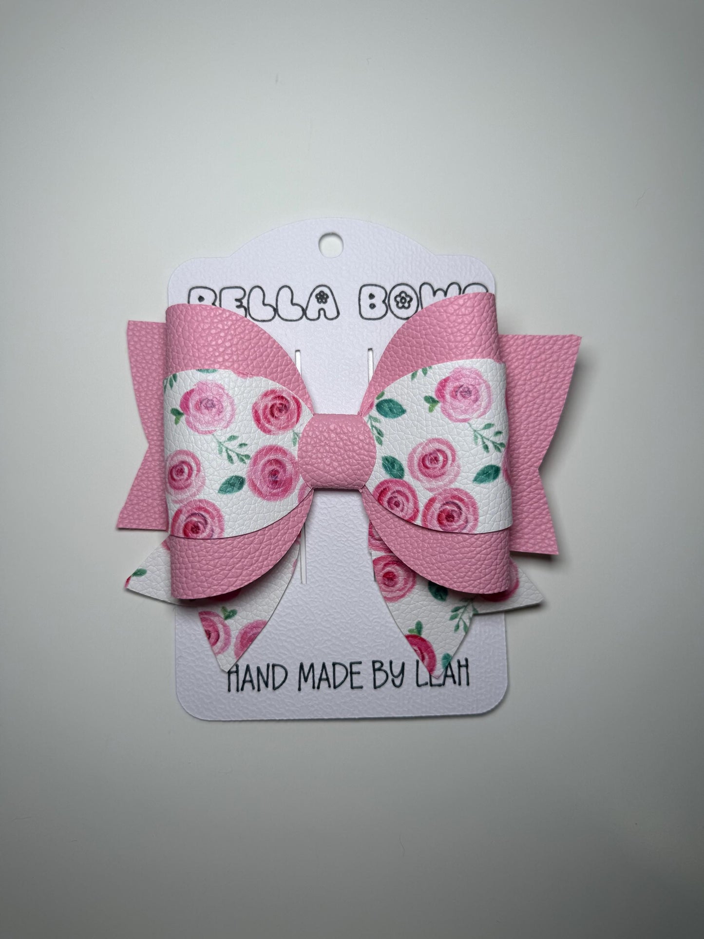 Pink Rose Floral Hair Bow: Faux Leather Girls Hair Clip, Handmade in UK