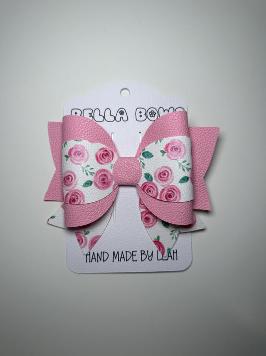 Pink Rose Floral Hair Bow: Faux Leather Girls Hair Clip, Handmade in UK