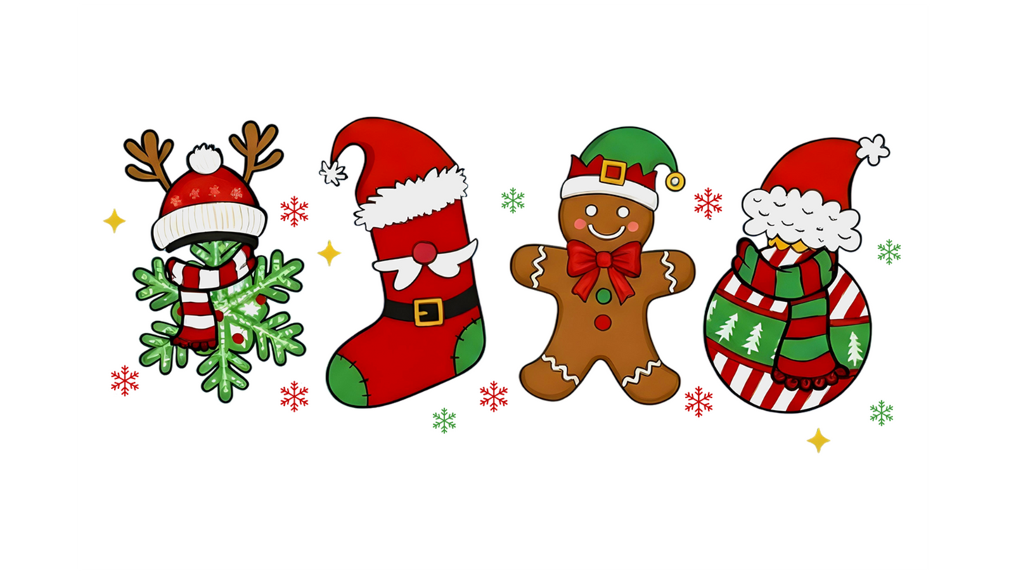 Christmas Clipart Set – Festive PNG Graphics (Snowflake, Stocking, Gingerbread, Bauble)