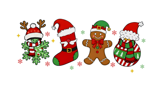 Christmas Clipart Set – Festive PNG Graphics (Snowflake, Stocking, Gingerbread, Bauble)
