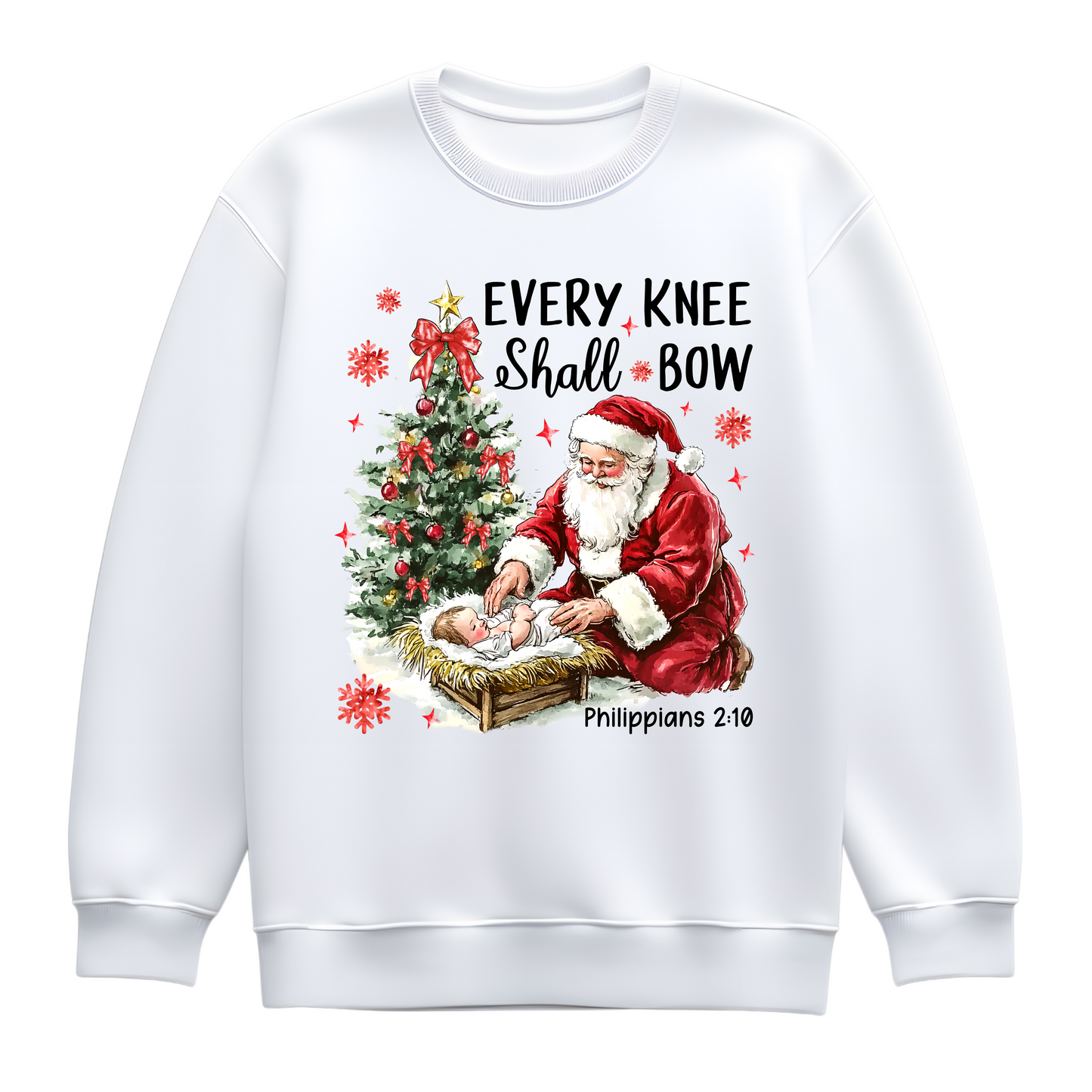 Every Knee Shall Bow Christmas Sweatshirt – Santa Kneeling Nativity Jumper