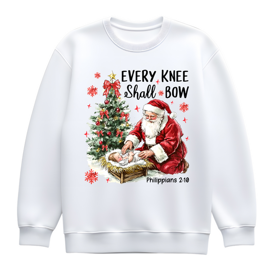 Every Knee Shall Bow Christmas Sweatshirt – Santa Kneeling Nativity Jumper