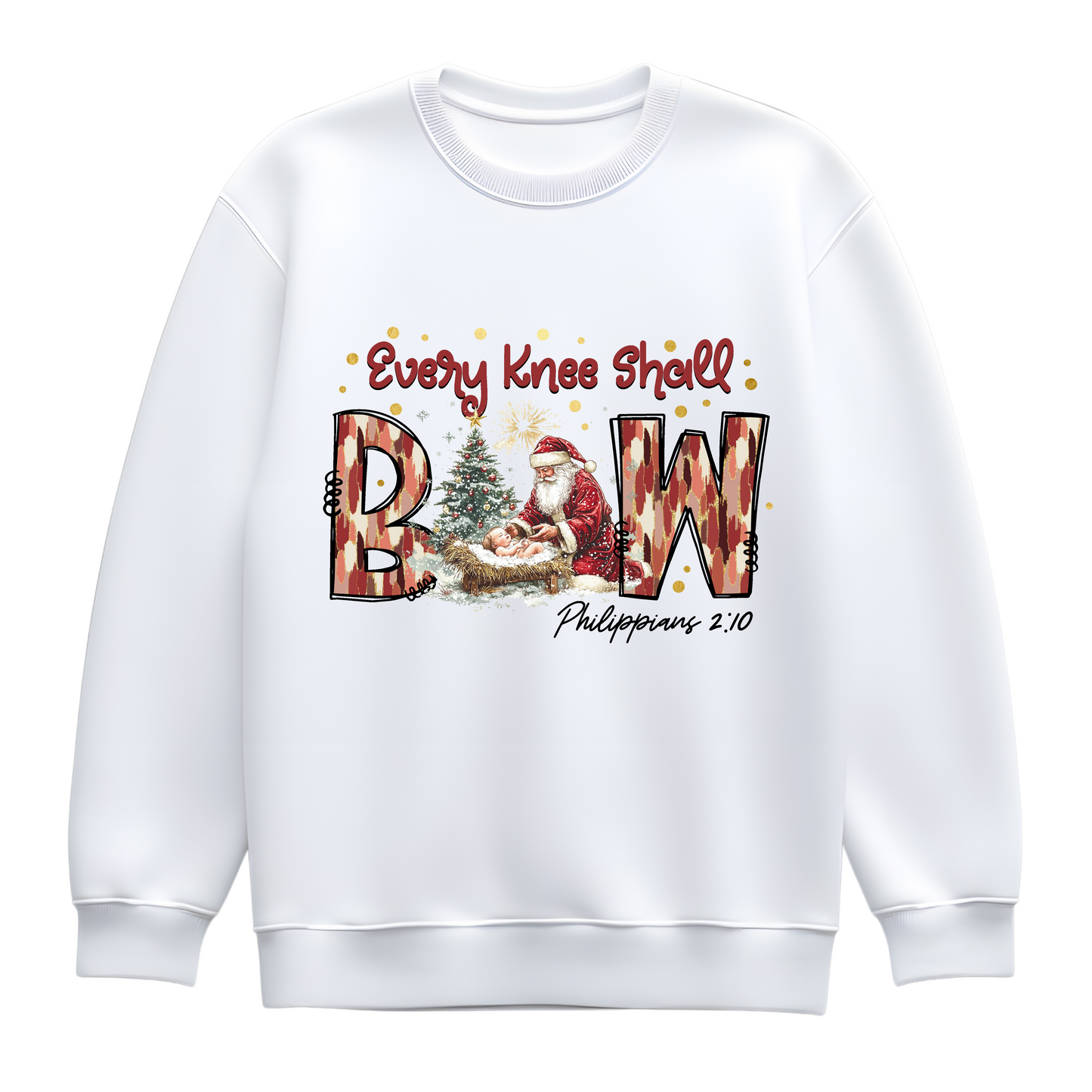 Every Knee Shall Bow Christmas Sweatshirt – Bold Lettering Nativity Jumper