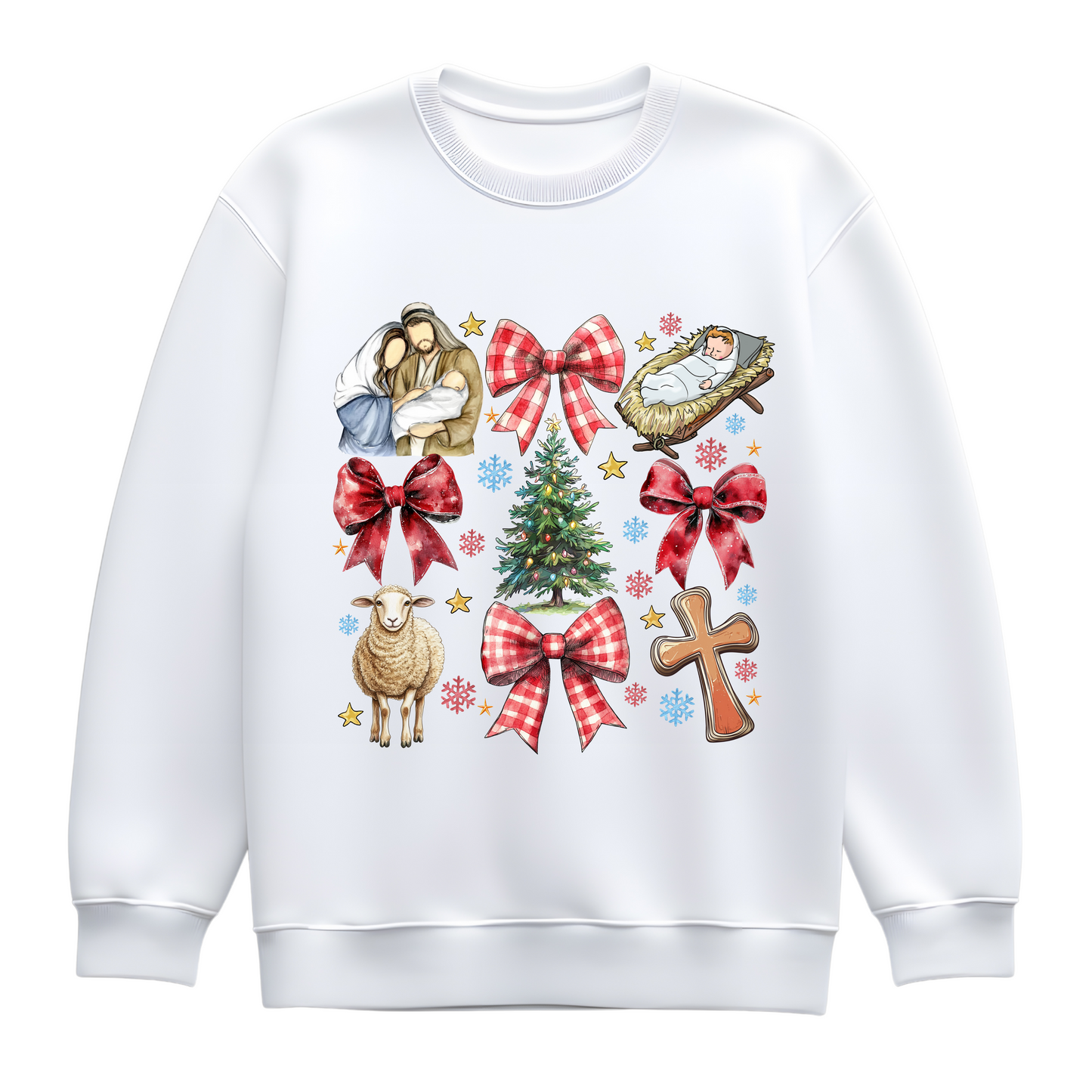 Nativity Christmas Sweatshirt – Christian Jumper with Cross, Nativity & Festive Bows