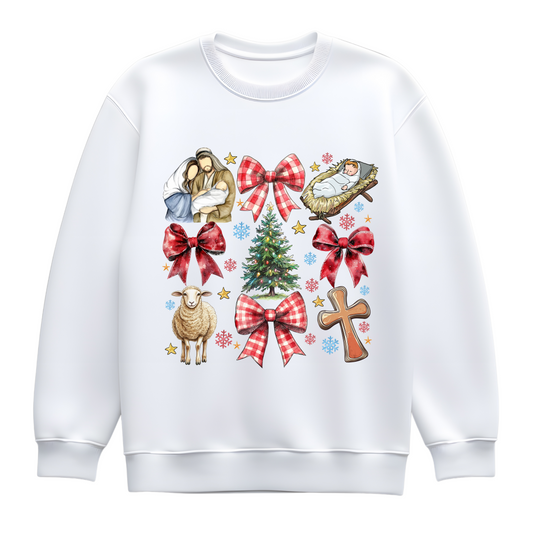 Nativity Christmas Sweatshirt – Christian Jumper with Cross, Nativity & Festive Bows