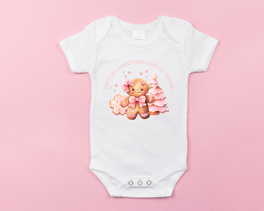 “Official Christmas Cookie Tester” Baby Grow – Gingerbread Festive Outfit