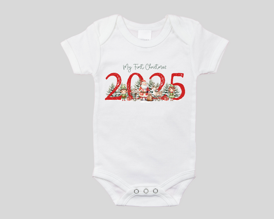 Personalised “My First Christmas 2025” Baby Grow – Santa & Friends Festive Outfit