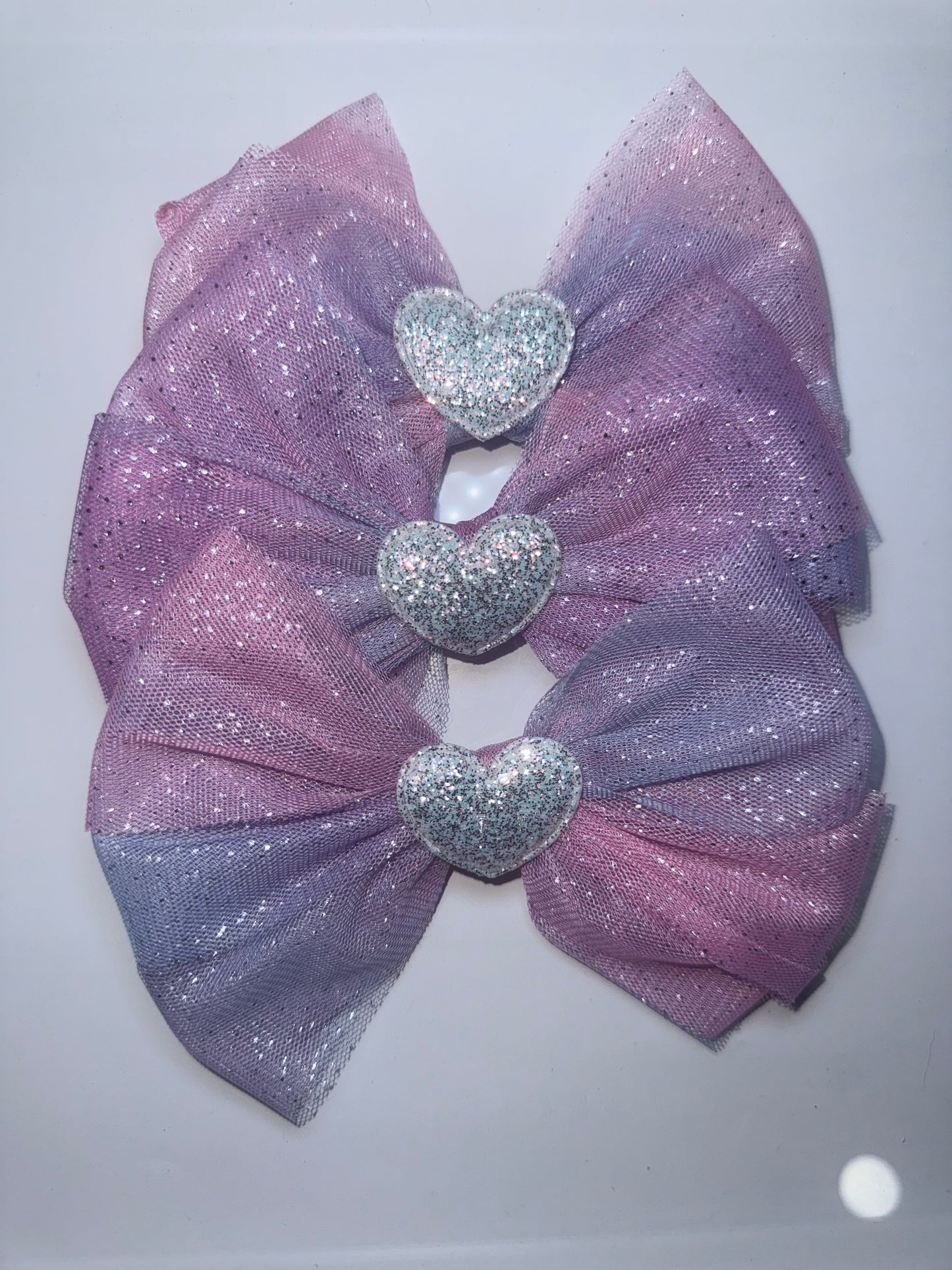 Purple Glitter Hair Bows with Sparkly Hearts | Handmade Girls Hair Accessories UK | Single Bows | Pink, Purple & Silver Hearts
