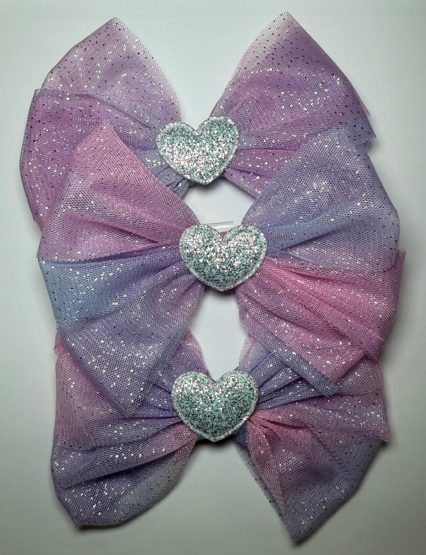 Purple Glitter Hair Bows with Sparkly Hearts | Handmade Girls Hair Accessories UK | Single Bows | Pink, Purple & Silver Hearts