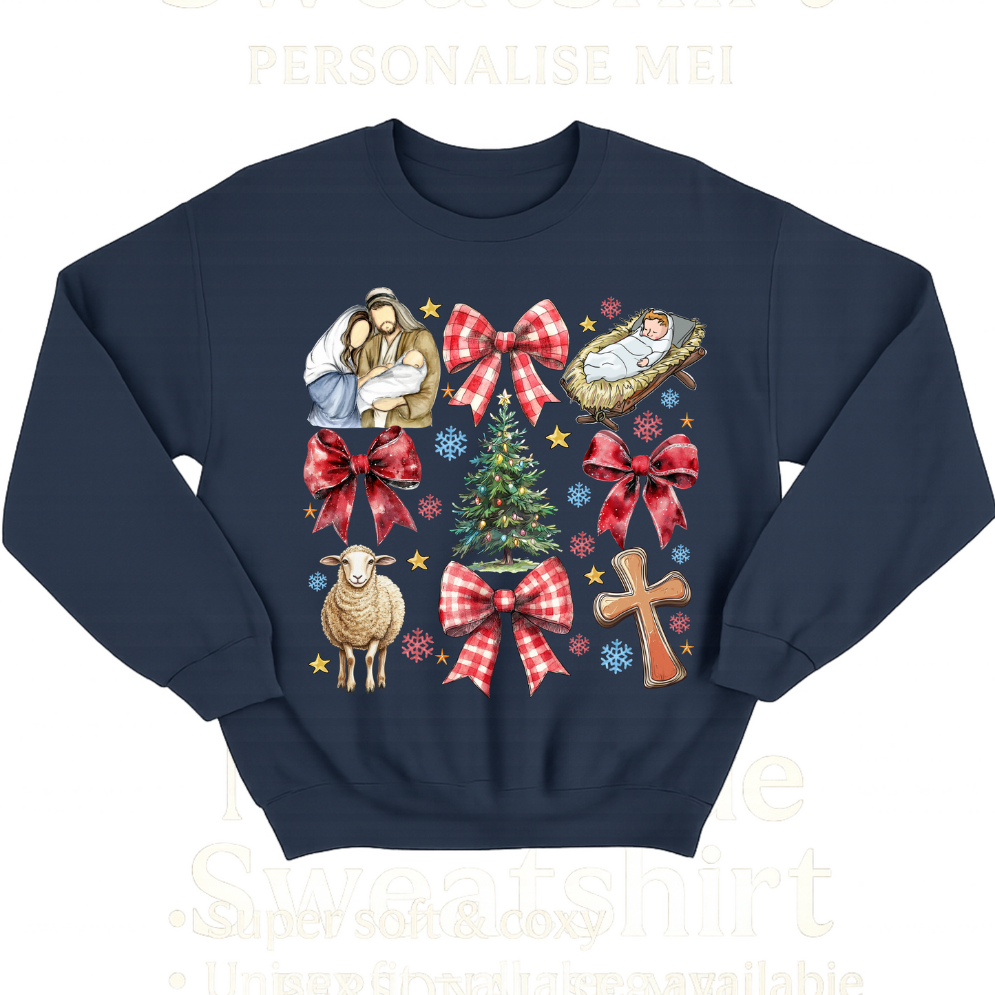 Nativity Christmas Sweatshirt – Christian Jumper with Cross, Nativity & Festive Bows