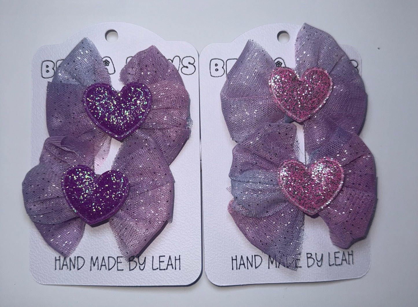 Purple Glitter Hair Bows with Sparkly Hearts | Handmade Girls Hair Accessories UK | Packs of 2 | Pink, Purple & Silver Hearts