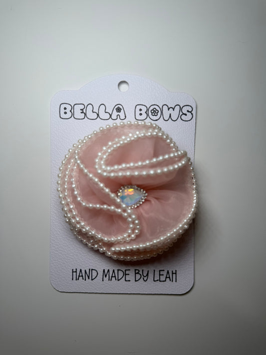 Blush Pink Pearl Embellished Hair Bow | Handmade Girls Hair Accessories UK | Toddler & Party Bow with Gem Centre