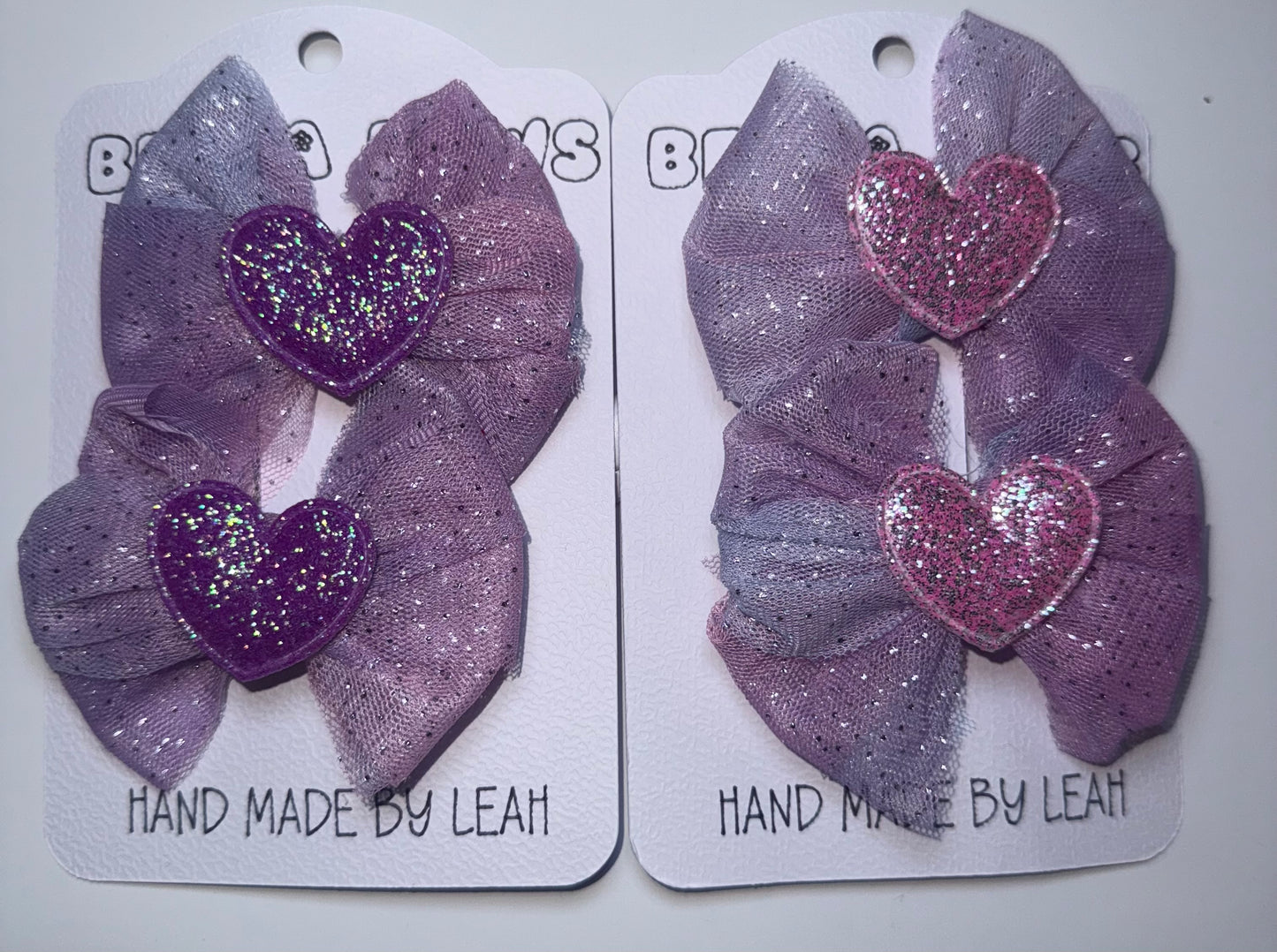 Purple Glitter Hair Bows with Sparkly Hearts | Handmade Girls Hair Accessories UK | Packs of 2 | Pink, Purple & Silver Hearts