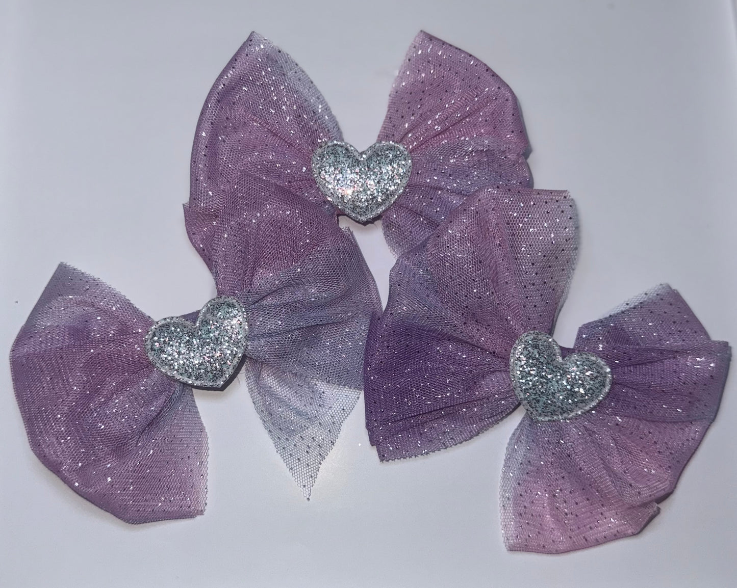 Purple Glitter Hair Bows with Sparkly Hearts | Handmade Girls Hair Accessories UK Single Bows | Pink, Purple & Silver Hearts