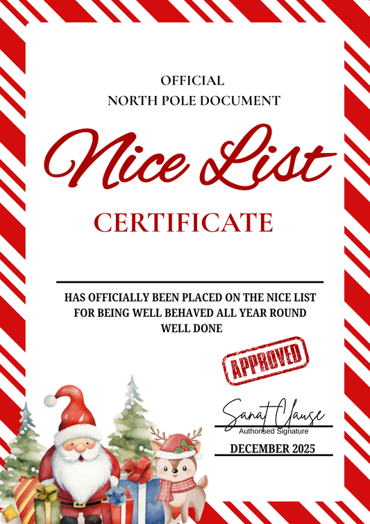 Santa’s Nice List Certificate – Printable Blank Christmas Certificate (Fill Name by Hand)
