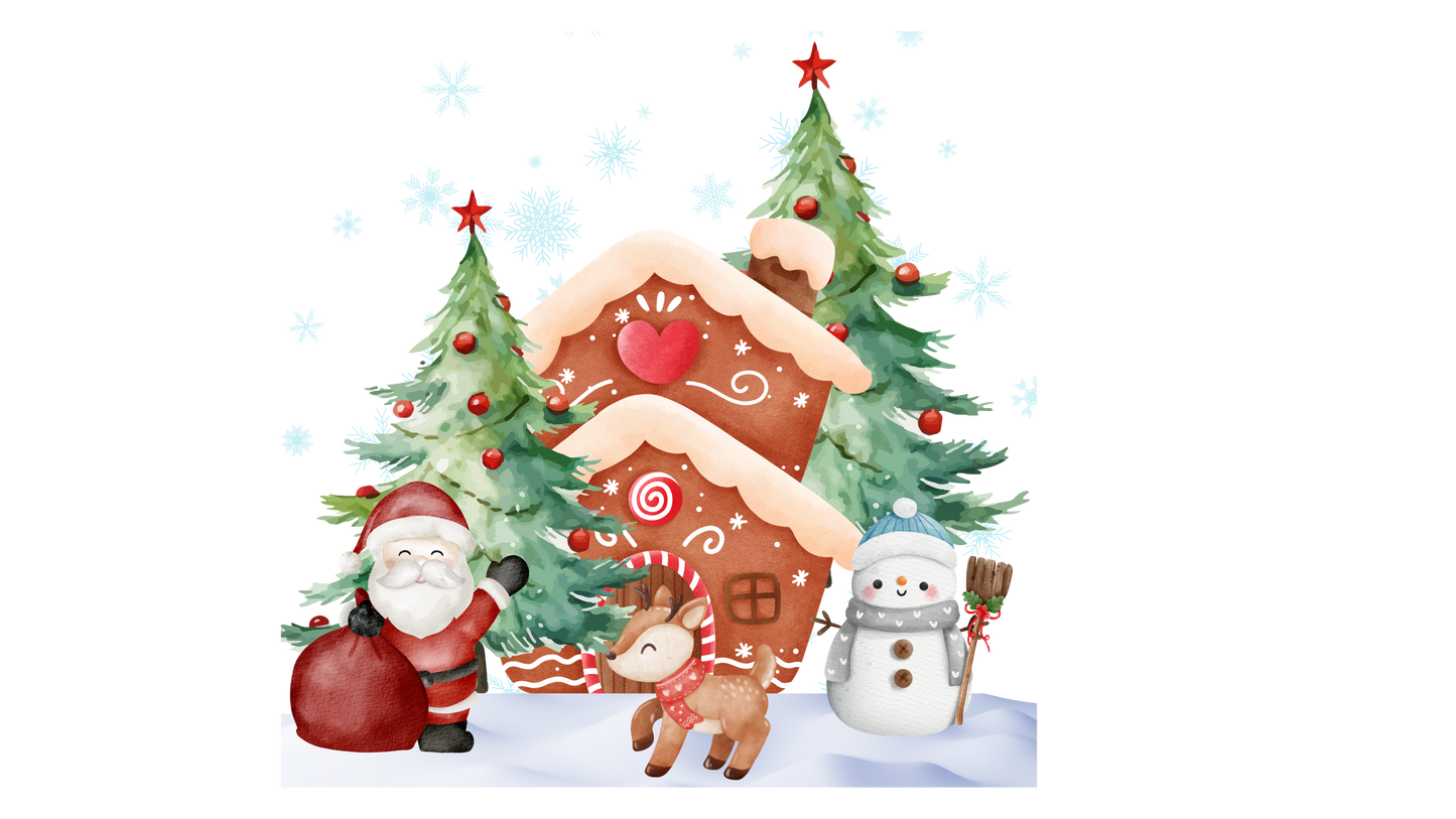 Christmas Scene Illustration – Santa, Reindeer & Gingerbread House PNG