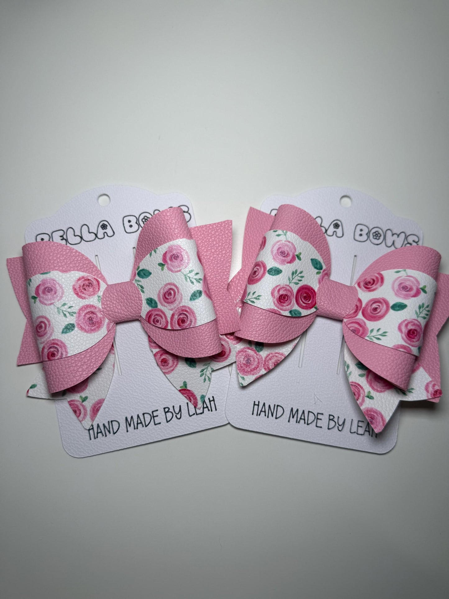 Pink Rose Floral Hair Bow: Faux Leather Girls Hair Clip, Handmade in UK