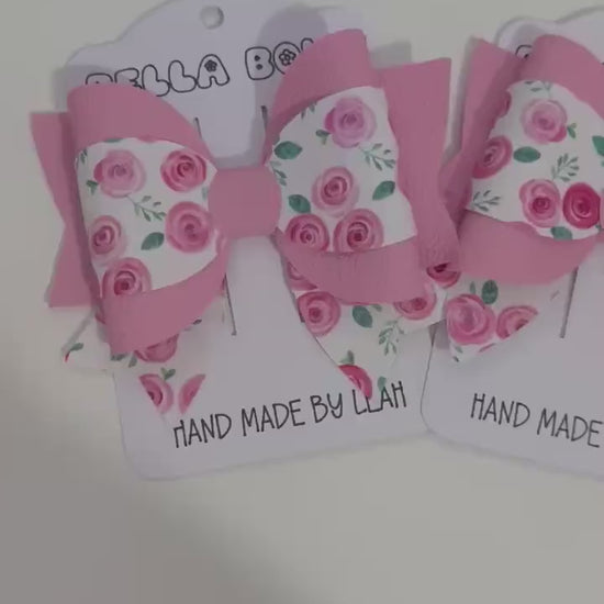 Pink Rose Floral Hair Bow: Faux Leather Girls Hair Clip, Handmade in UK