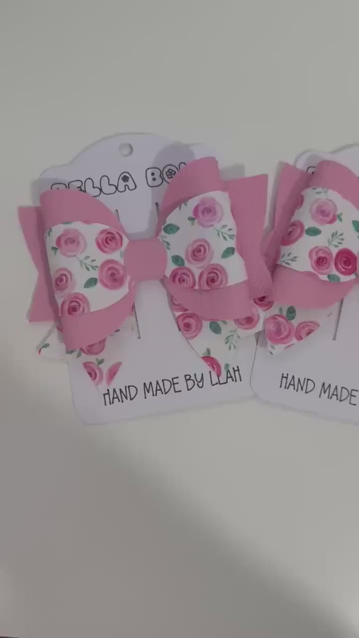 Pink Rose Floral Hair Bow: Faux Leather Girls Hair Clip, Handmade in UK